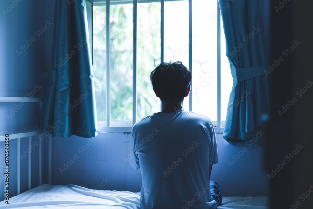 Contemplative person looking out of a window in a dimly lit room Contemplative person looking out of a window in a dimly lit room