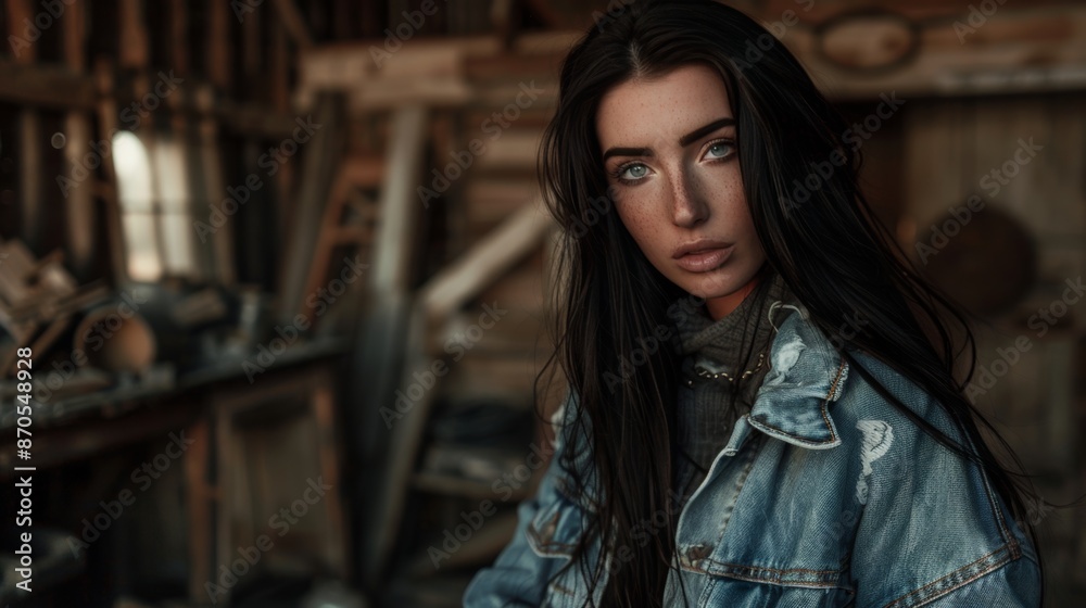 Serene woman in rustic workshop setting contemplating Serene woman in rustic workshop setting contemplating