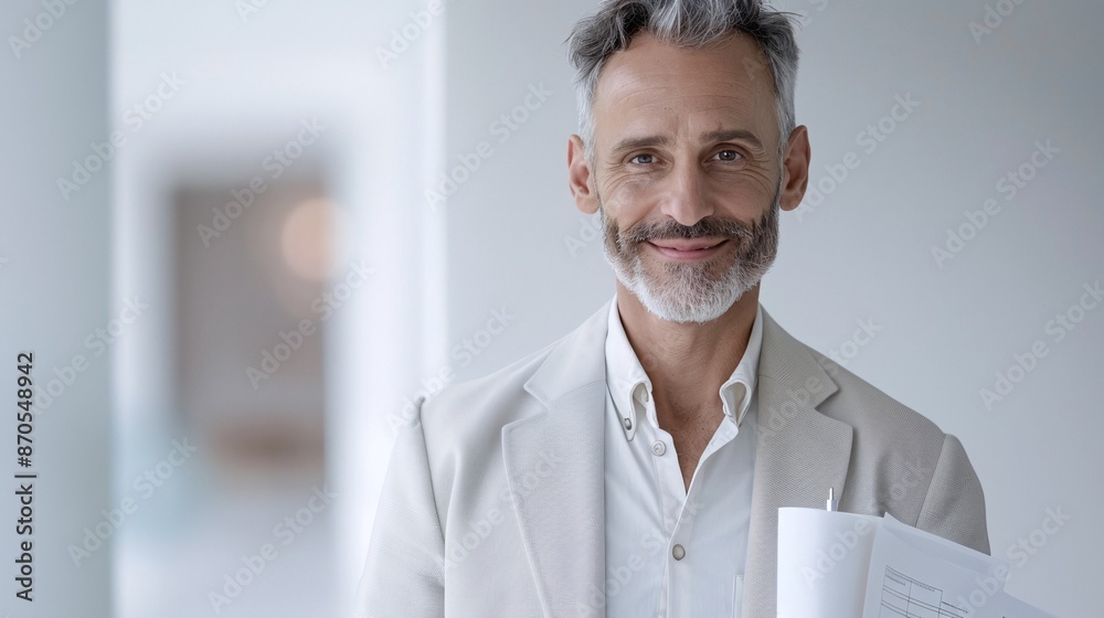 A professional man standing with a relaxed smile, holding a project plan, looking at the camera, a soft-focus creative studio. A professional man standing with a relaxed smile, holding a project plan, looking at the camera, a soft-focus creative studio.