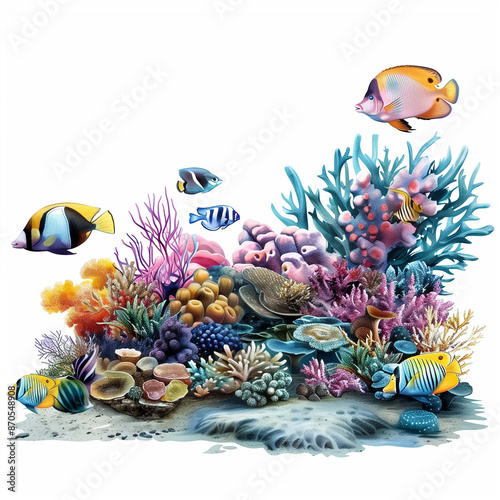 Vibrant Underwater Coral Reef with Colorful Marine Life and Exotic Fish. Detailed Ocean Ecosystem Illustration photo