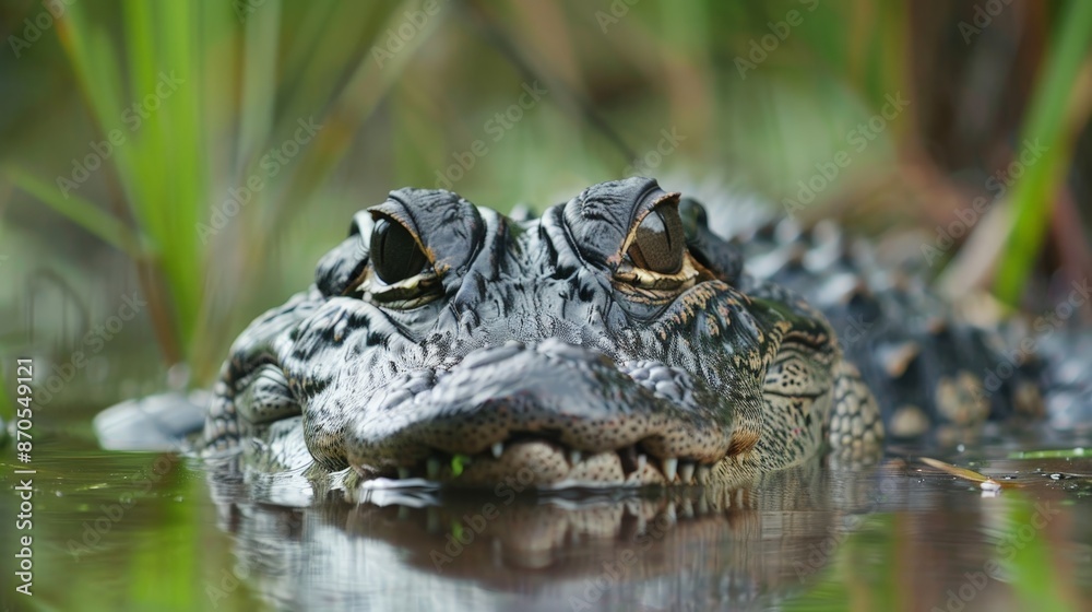 Fototapeta premium In the wetlands, an alligator glides silently through the water, its eyes and snout barely visible above the surface.