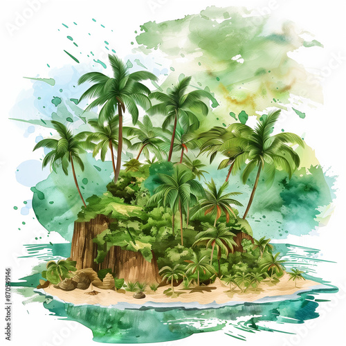 Tropical Island Paradise with Palm Trees and Crystal Clear Water isolated on white background. Summer sesonal design photo