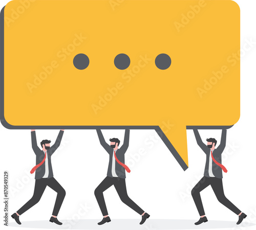 Three businessmen withstand pressure on speech bubble

