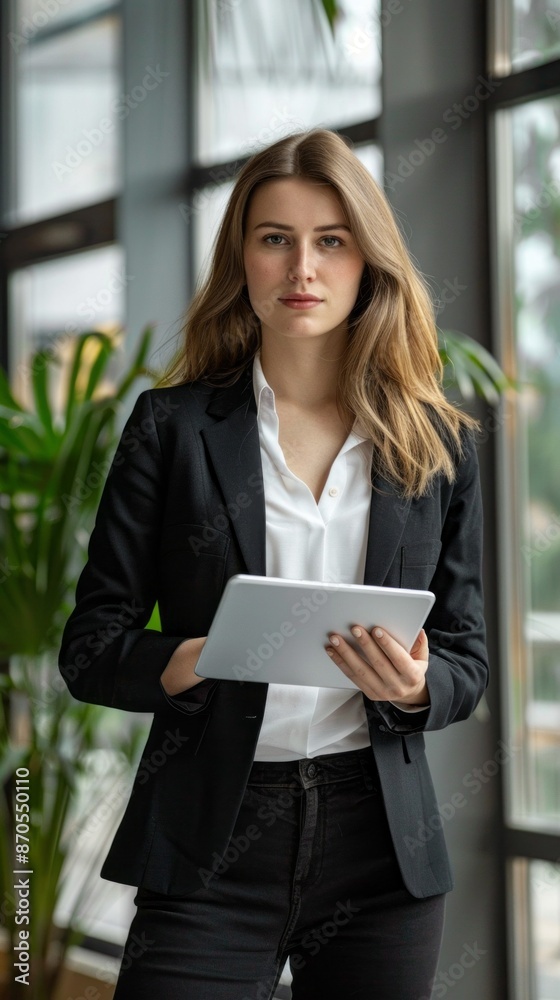 A young businesswoman in a black suit stands confidently in a modern office setting, holding a tablet computer. The image conveys professionalism and success A young businesswoman in a black suit stands confidently in a modern office setting, holding a tablet computer. The image conveys professionalism and success