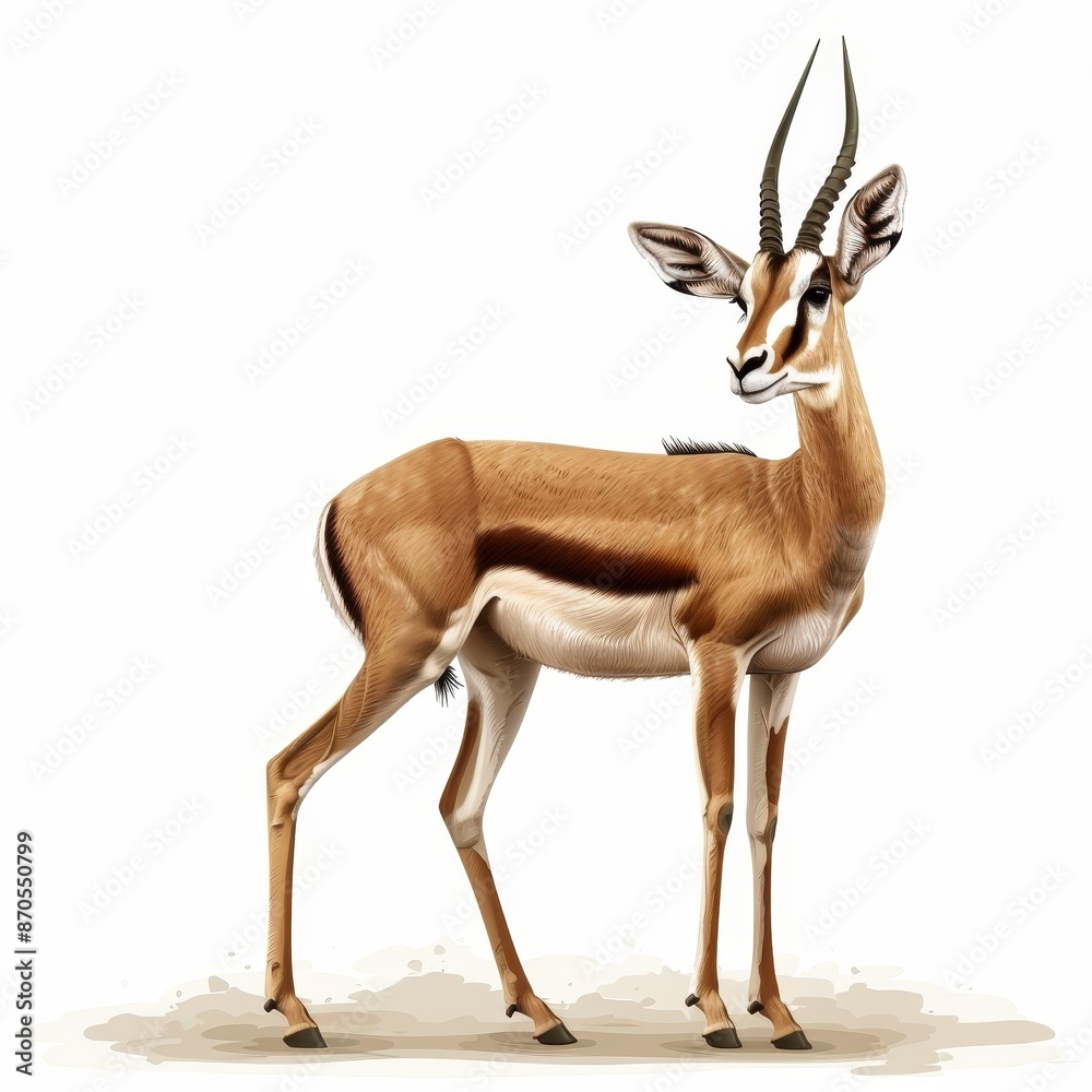 A deer with a long horn stands in front of a white background A deer with a long horn stands in front of a white background
