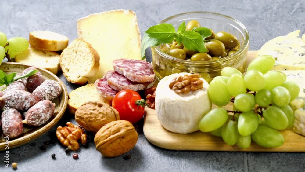 various cheese, salami,nuts and grapes- antipasto, snack various cheese, salami,nuts and grapes- antipasto, snack