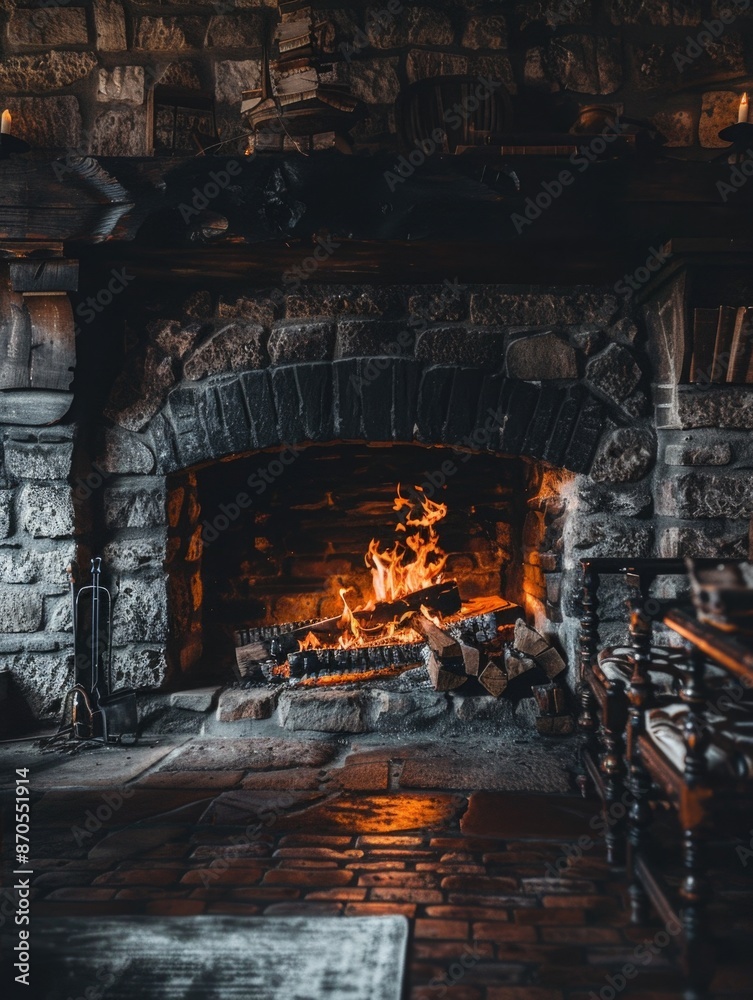 Fire burning in a stone fireplace