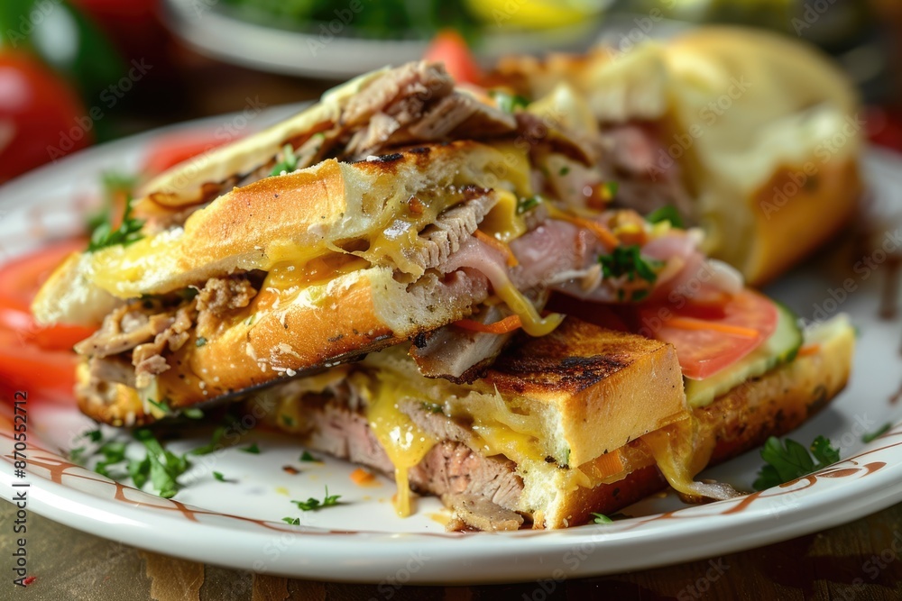 Cuban sandwich served on plate. Cuban sandwich served on plate.