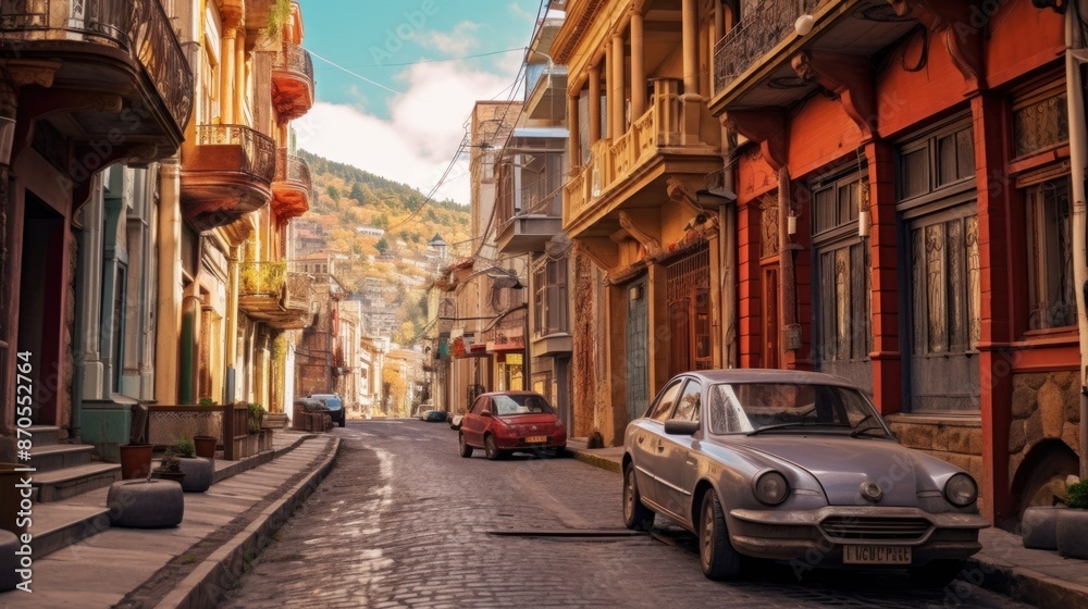 Fototapeta premium A busy city street with people walking and cars driving