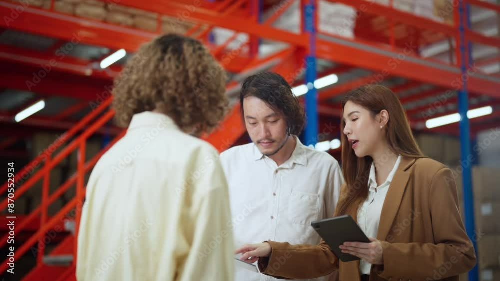 Warehouse team members collaborating on inventory management, using digital tools and discussing logistics in a storage facility with shelves.
