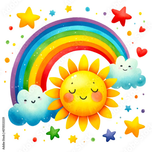 Joyeuse Illustration aquarelle pour enfants d'un soleil, nuage étoiles et arc en ciel joyeux et souriants.