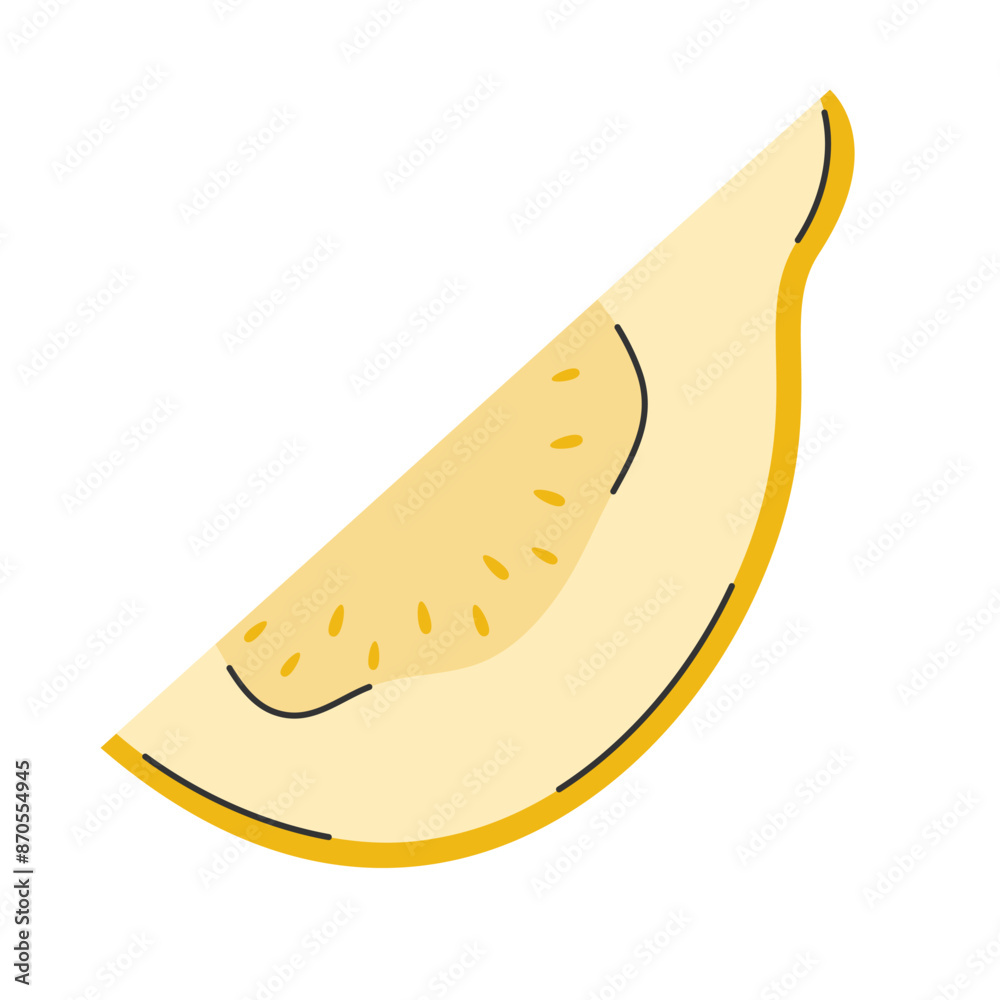 Hand drawn yellow guava in doodle style. Summer tropical fruit. Cut piece of exotic fruit