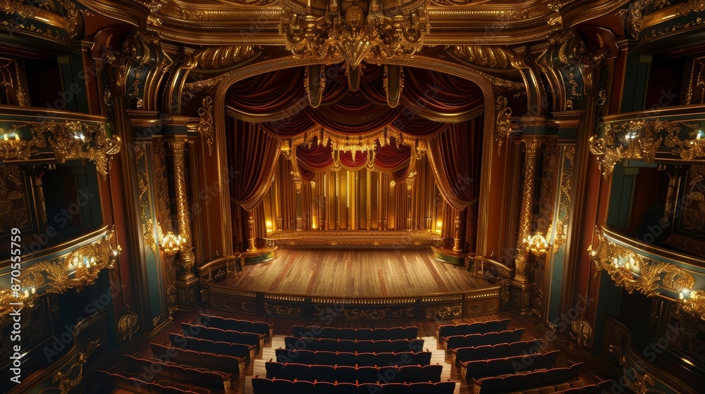 Fototapeta premium Elegant vintage theater with ornate decorations, classic stage, and luxurious seating, creating an atmosphere of timeless sophistication.