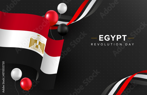 Happy Egypt Revolution Day 23 July black background with wavy Egypt Flag and balloons. Egypt National day vector illustration template for web, banner, flyer, poster.