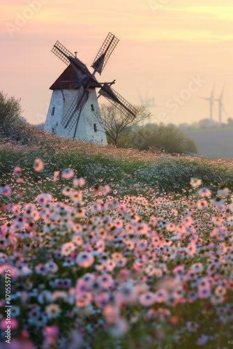 A windmill surrounded by a field of blooming flowers