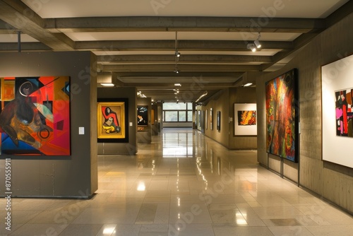 Modern art gallery with colorful abstract paintings displayed on neutral walls under soft lighting, showcasing diverse creative expressions.