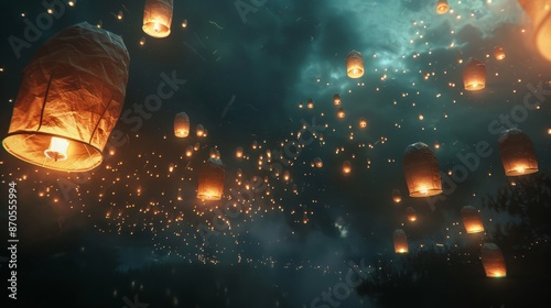 Lanterns float into the sky, their gentle flames creating a magical scene of light against the darkness. © peerawat