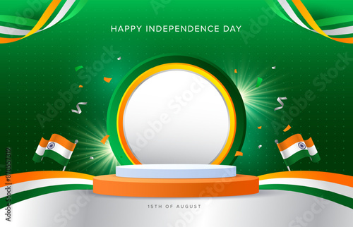 Happy India Independence Day circle podium design with wavy flags and balloons on green background. India National day vector illustration template for web, banner, flyer, poster.