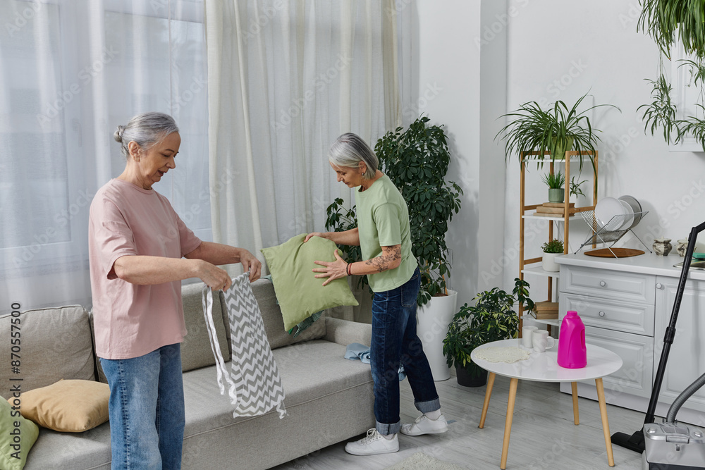 Two women, in a lesbian relationship, tidy up their modern apartment, one holding a pillow and the other folding a blanket. Two women, in a lesbian relationship, tidy up their modern apartment, one holding a pillow and the other folding a blanket.
