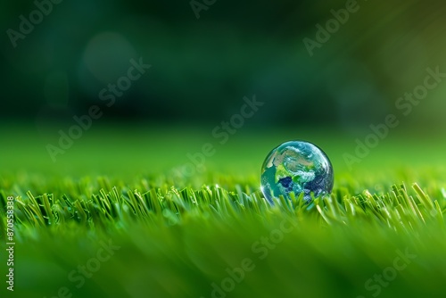 Small glass globe resting on bright green grass with blurred background, conceptualizing global environment and nature. Close-up shot with a sense of peace and clarity. Generative AI photo