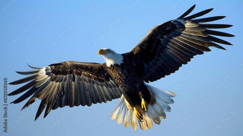 Obraz premium Bald Eagle in Flight Against Blue Sky.