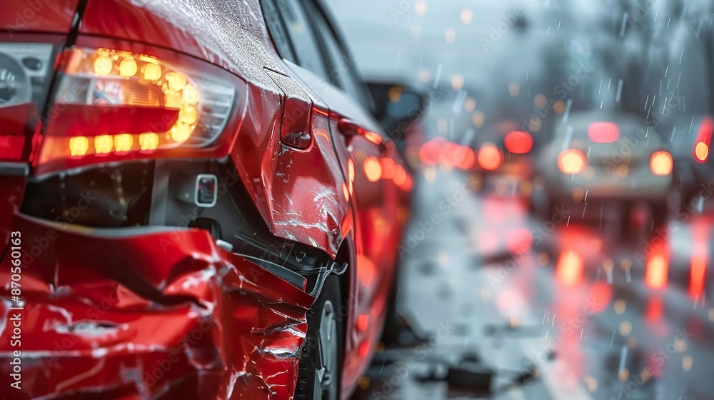 Close Up of Red Car with Accident Damage Close Up of Red Car with Accident Damage
