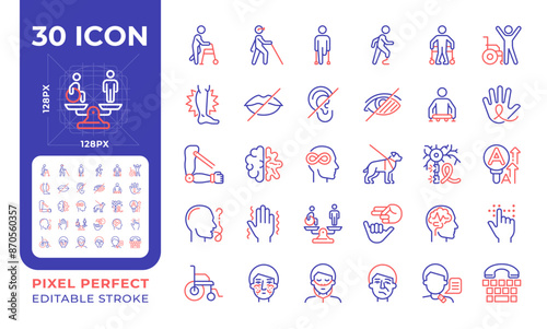 People with disabilities two color line icons set. Intellectual disability, neurology illness. Genetic disorder. bicolor outline iconset isolated. Duotone pictograms thin linear. Editable stroke
