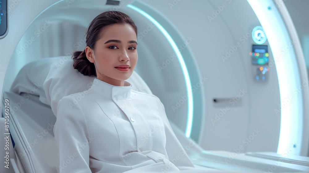 A young woman in a white lab coat sits inside a futuristic medical device, looking calmly at the camera. A young woman in a white lab coat sits inside a futuristic medical device, looking calmly at the camera.