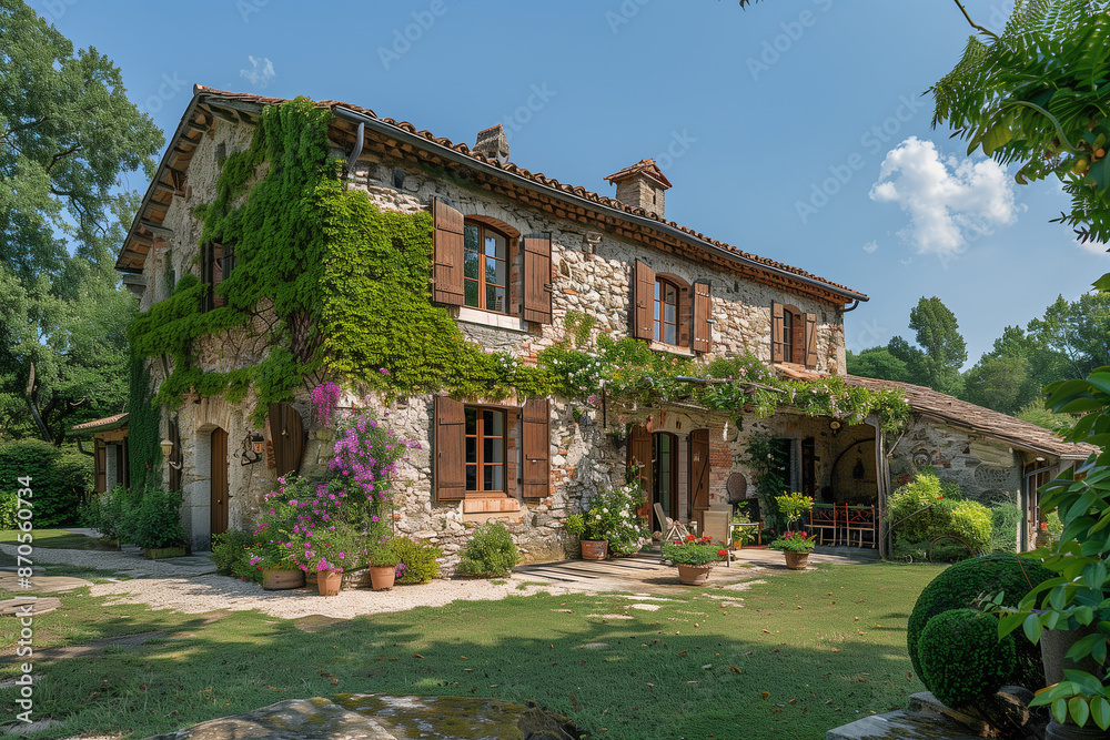 Obraz premium Charming farmhouse surrounded by fields and gardens