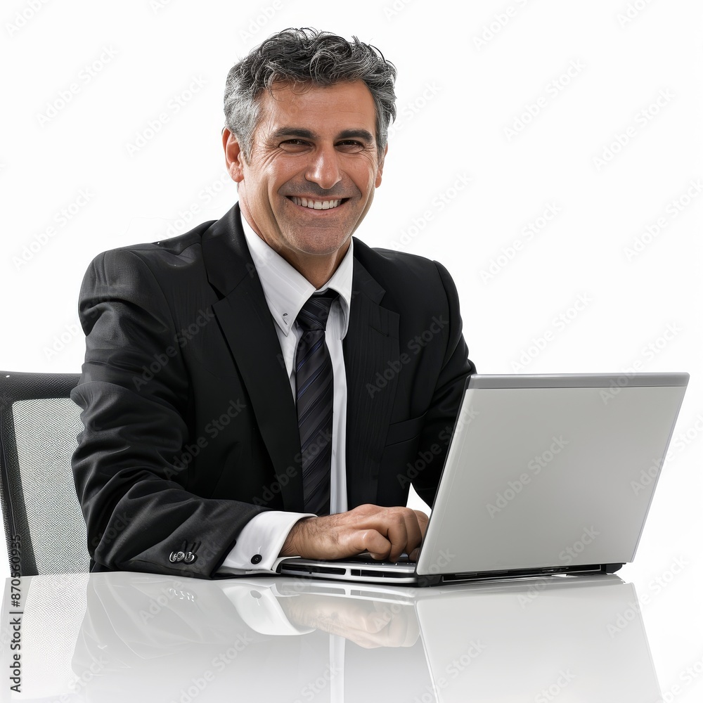 Confident Executive: Smiling Mature Businessman Using Laptop at Desk - Isolated on White Confident Executive: Smiling Mature Businessman Using Laptop at Desk - Isolated on White