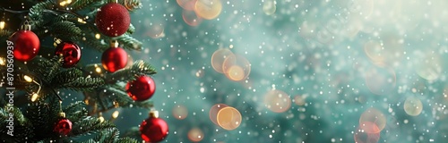 Christmas tree with red ornaments and a green background with blurred lights