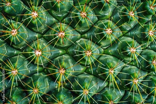 Closeup of cactus texture, sharp thorns on green background