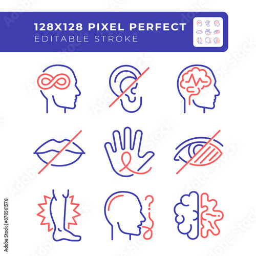 People with perception disorders two color line icons set. Cognitive development, brain damage. Mental wellness. bicolor outline iconset isolated. Duotone pictograms thin linear. Editable stroke