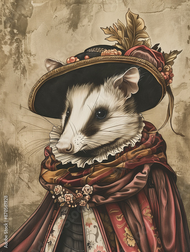 Renaissance portrait of an opossum, dressed in period attire, with a detailed background