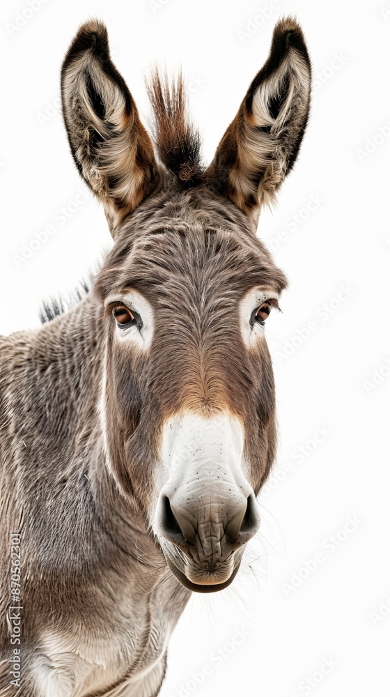 Close-up of a donkey's face on a white background, studio shot Close-up of a donkey's face on a white background, studio shot