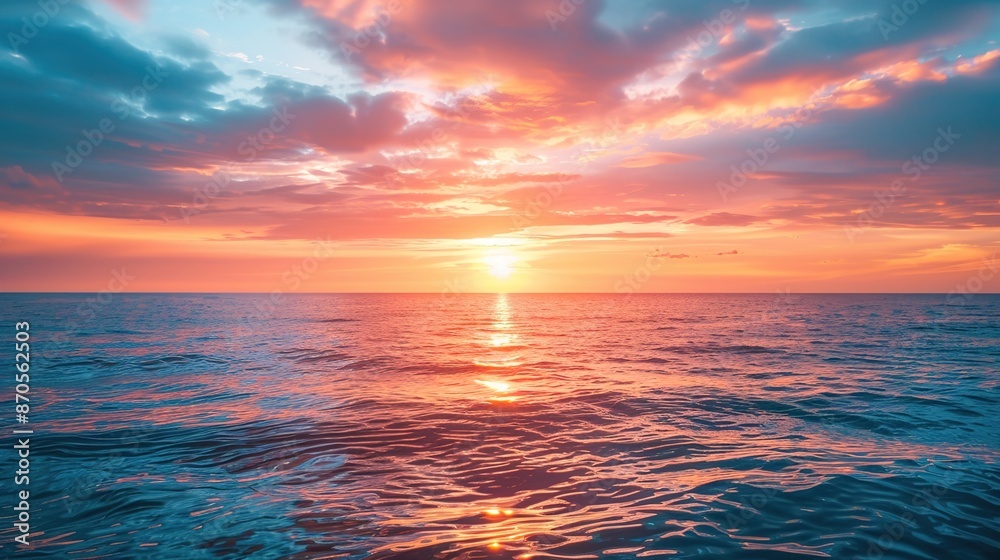 Fototapeta premium Tranquil Ocean Sunset Horizon - Perfect Background Scene with Warm Hues and Calm Waters