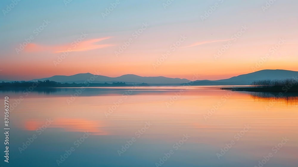 Fototapeta premium Serene Lakeside Dusk: Captivating Sunset Reflection on Water Surface