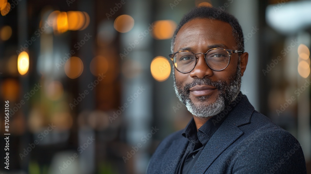 Fototapeta premium businessman corporate portrait in office, mature black middle aged manager business man. Portrait of happy african man wearing spectacles and looking at camera.