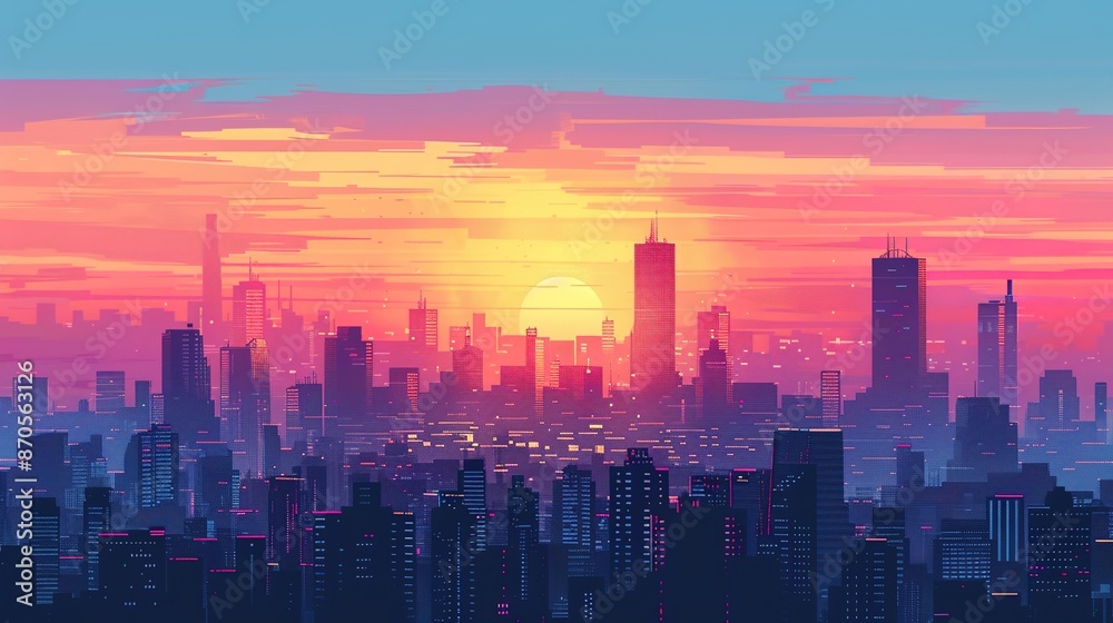 Fototapeta premium Urban Sunset: Vibrant City Skyline with Gradient Colors