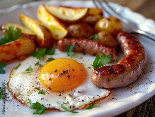 Breakfast plate with fried eggs and sausage photo