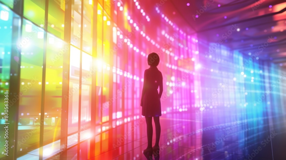 Businesswoman standing in a futuristic VR multicolored environment. 3D rendered image. Businesswoman standing in a futuristic VR multicolored environment. 3D rendered image.