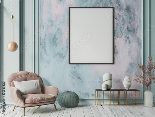 Stylish room with pastelcolored walls, modern furnishings, and an empty frame for art photo