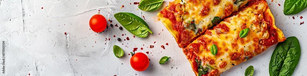 Italian lasagna with tomato sauce and cheese, served with tomatoes and spinach, on a light concrete background. Italian lasagna with tomato sauce and cheese, served with tomatoes and spinach, on a light concrete background.