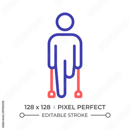 Leg amputation two color line icon. Injury recovery, mobility aids. Amputee special needs. Physiotherapy bicolor outline symbol. Duotone linear pictogram. Isolated illustration. Editable stroke