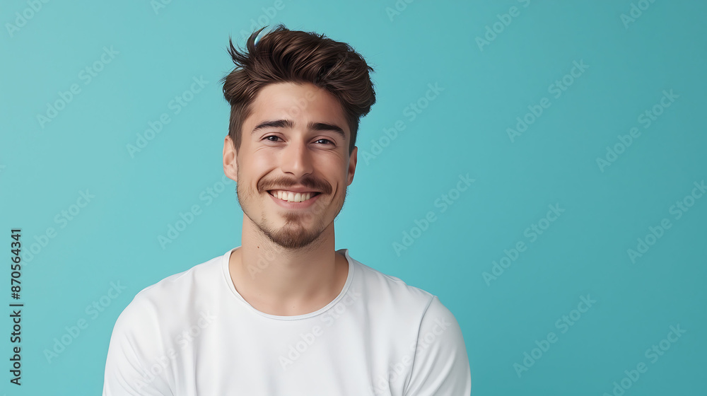 A millennial man in white, smiling confidently at the camera against a solid light blue background A millennial man in white, smiling confidently at the camera against a solid light blue background