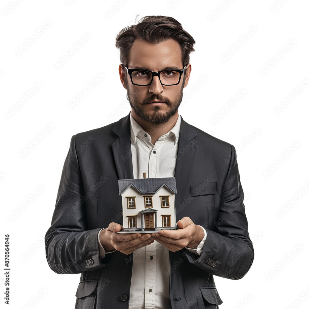 Professional man in suit holding a small house replica, concept of real estate and property investment Professional man in suit holding a small house replica, concept of real estate and property investment