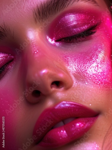 Sweet Dreams Makeup: Glamorous pink eyeshadow shimmers on closed eyelids. generative AI © EVISUAL