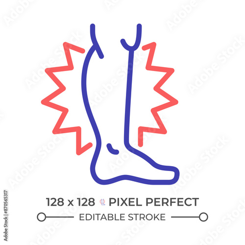 Leg cramps two color line icon. Muscle pain, hormone imbalance. Neurological condition. Healthcare massage bicolor outline symbol. Duotone linear pictogram. Isolated illustration. Editable stroke