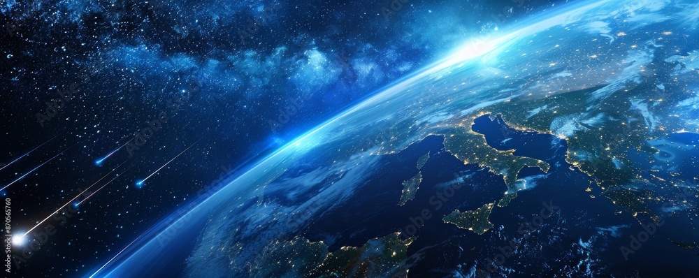 The Earth from space with visible continents and shooting stars