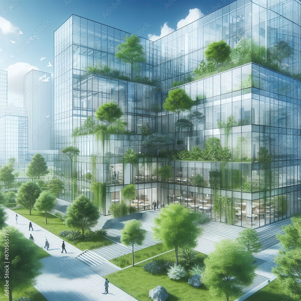 Urban Oasis: Modern glass tower integrates with lush greenery ...